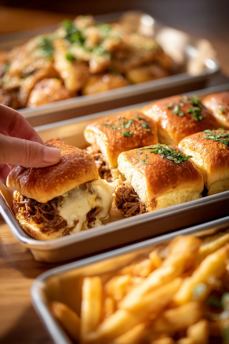 Plate of French Dip Sliders served with dipping sauce.