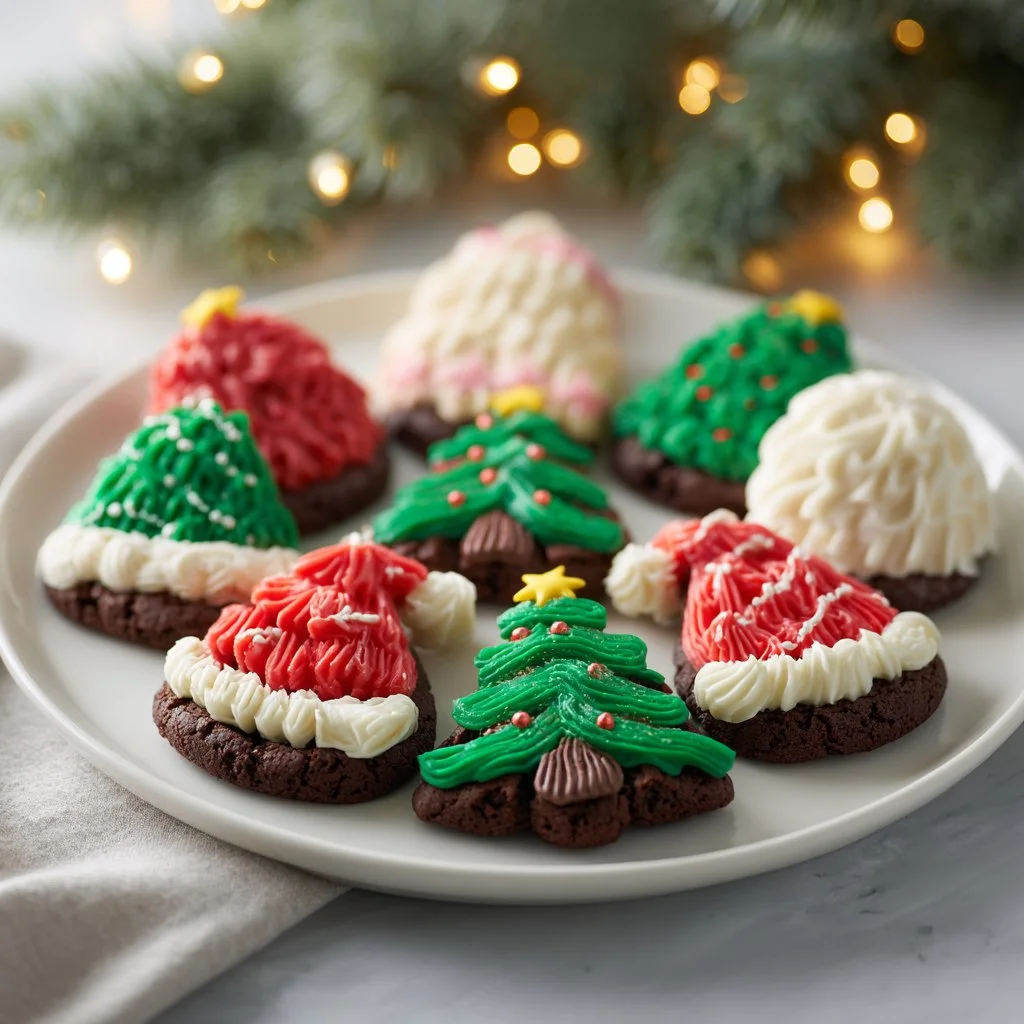 Frosted Christmas Brownies topped with festive decorations and a chocolate layer