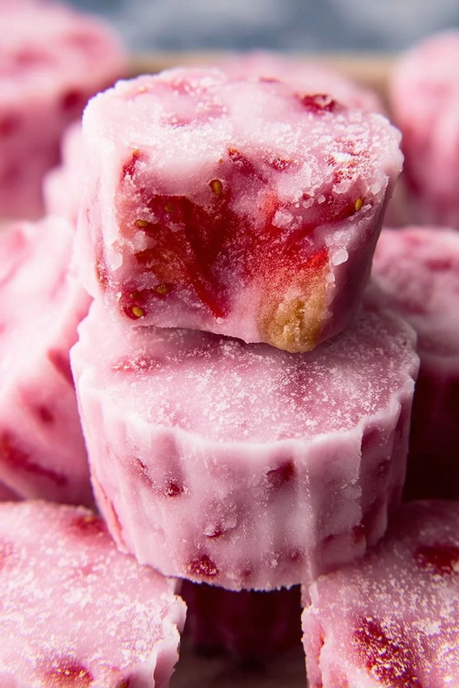 Deliciously frozen strawberry yogurt bites served on a plate.