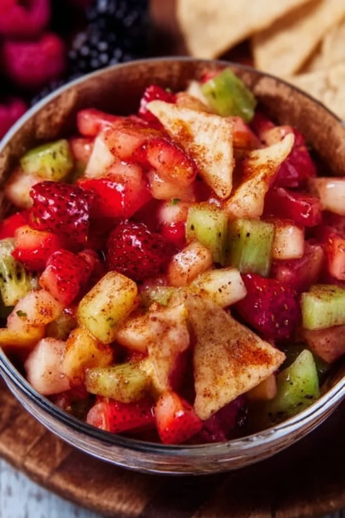 Delicious fruit salsa served with cinnamon sugar tortilla chips