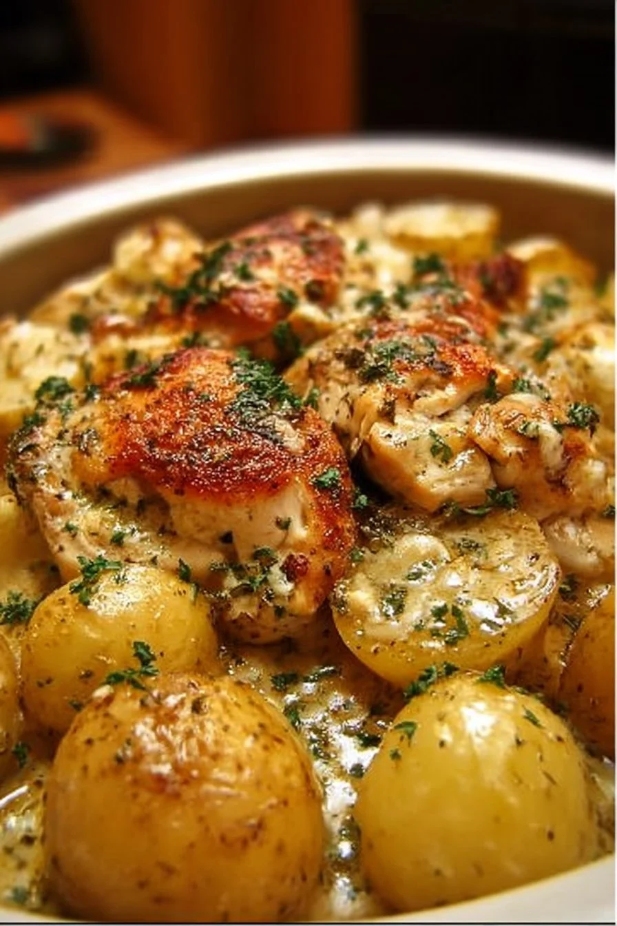 Delicious Garlic Parmesan Chicken and Potatoes served in a crockpot