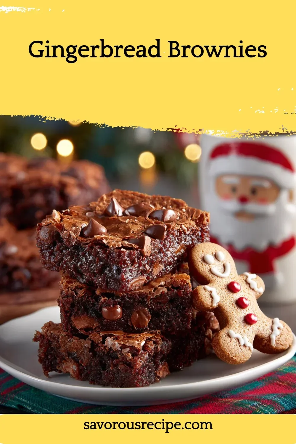 A plate of delicious gingerbread brownies topped with icing and festive decorations.
