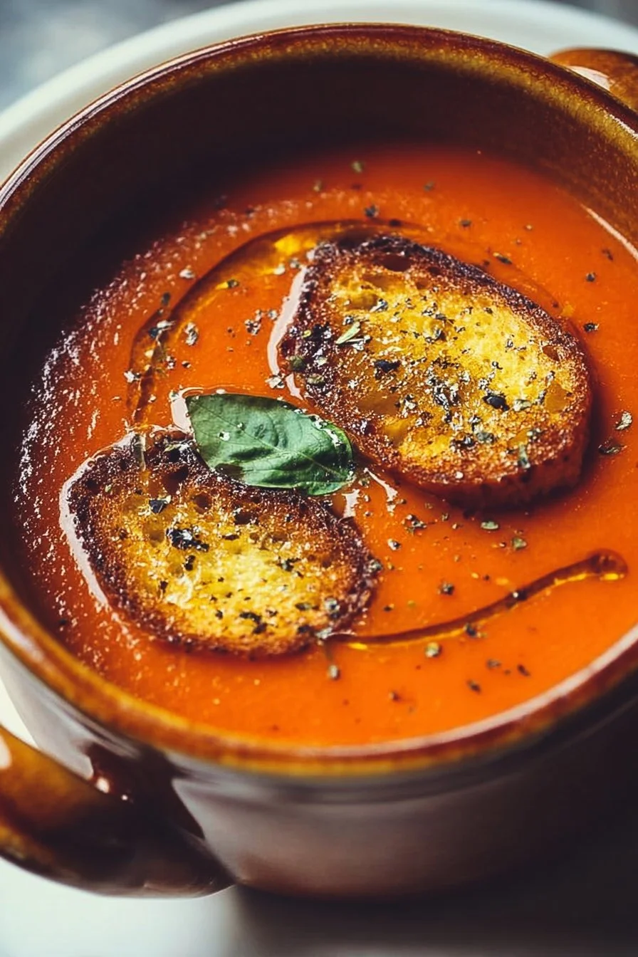 Gordon Ramsay-inspired roasted tomato soup in a bowl with fresh basil garnish.