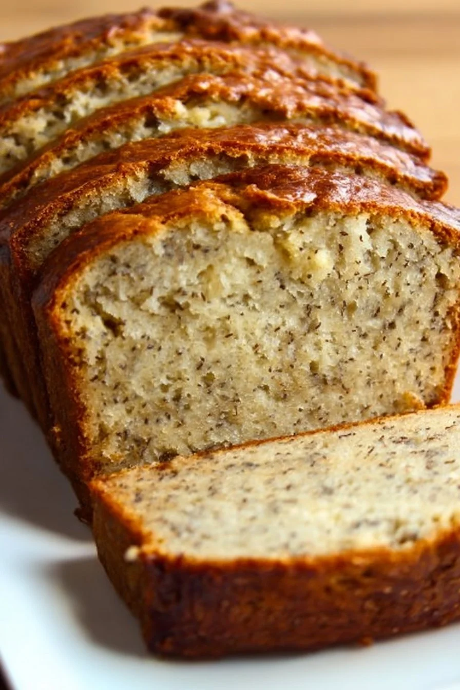 Slice of Greek Yogurt Banana Bread on a wooden cutting board