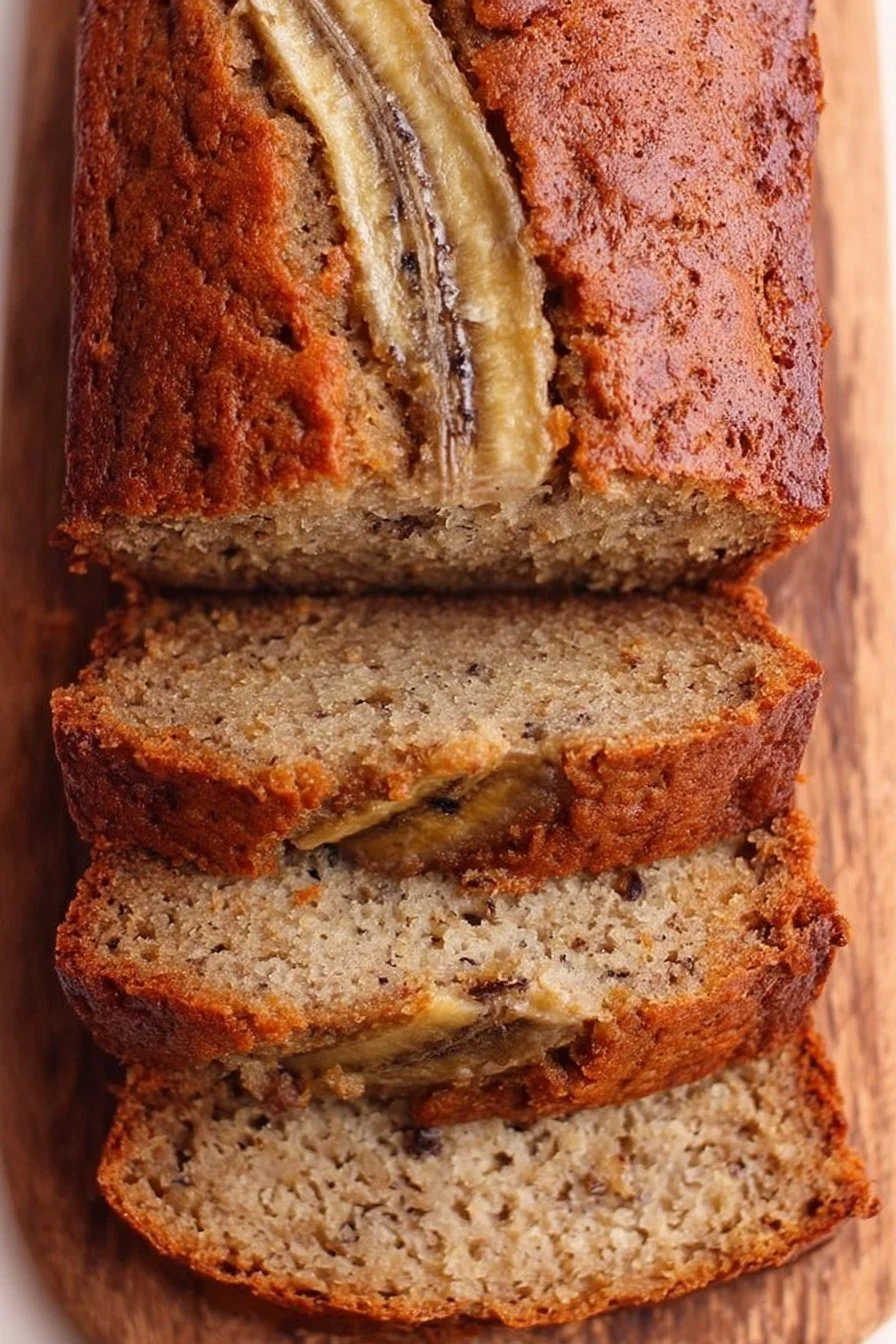 Slice of Greek Yogurt Banana Bread on a wooden table