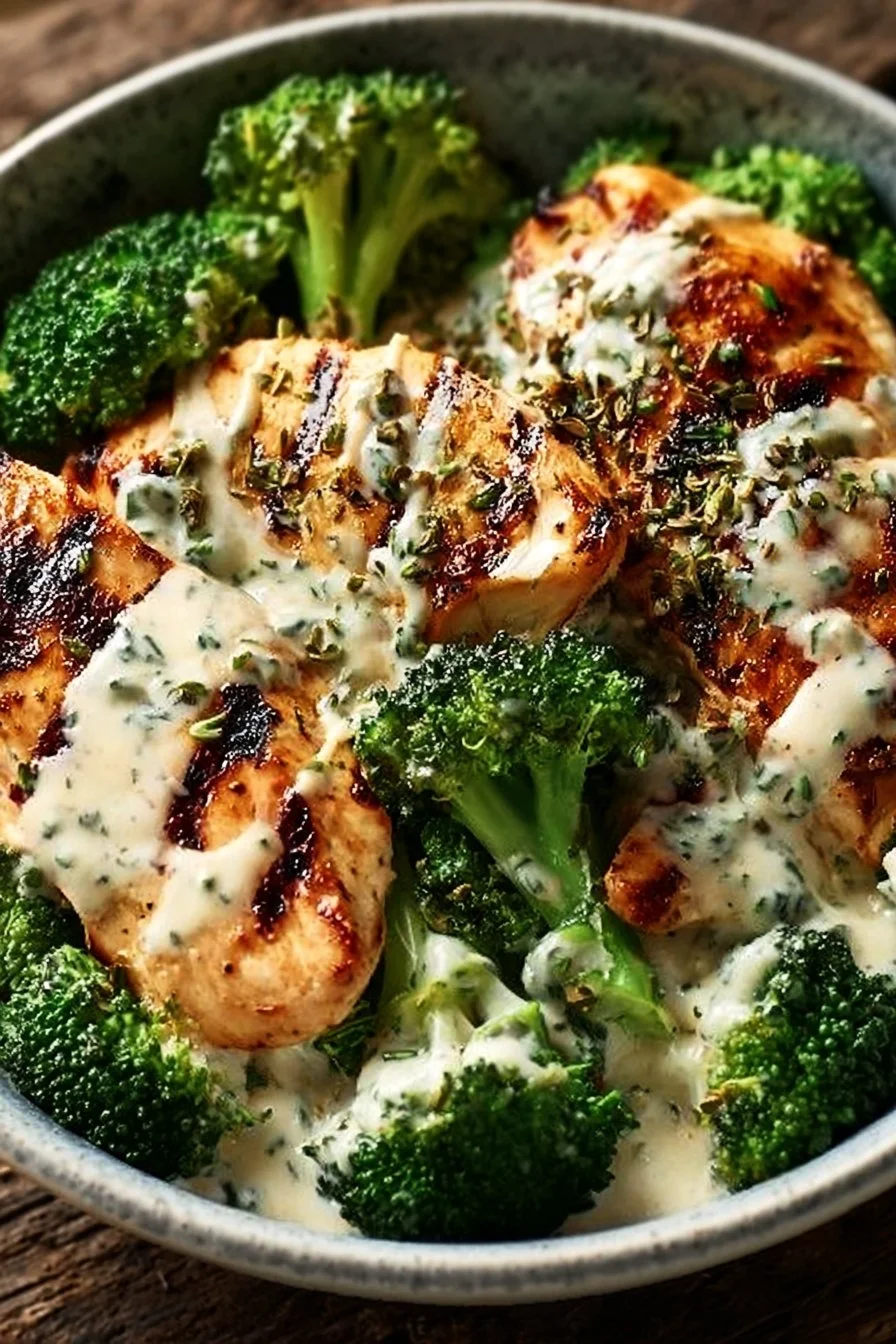 Delicious grilled chicken and broccoli bowls topped with creamy garlic sauce