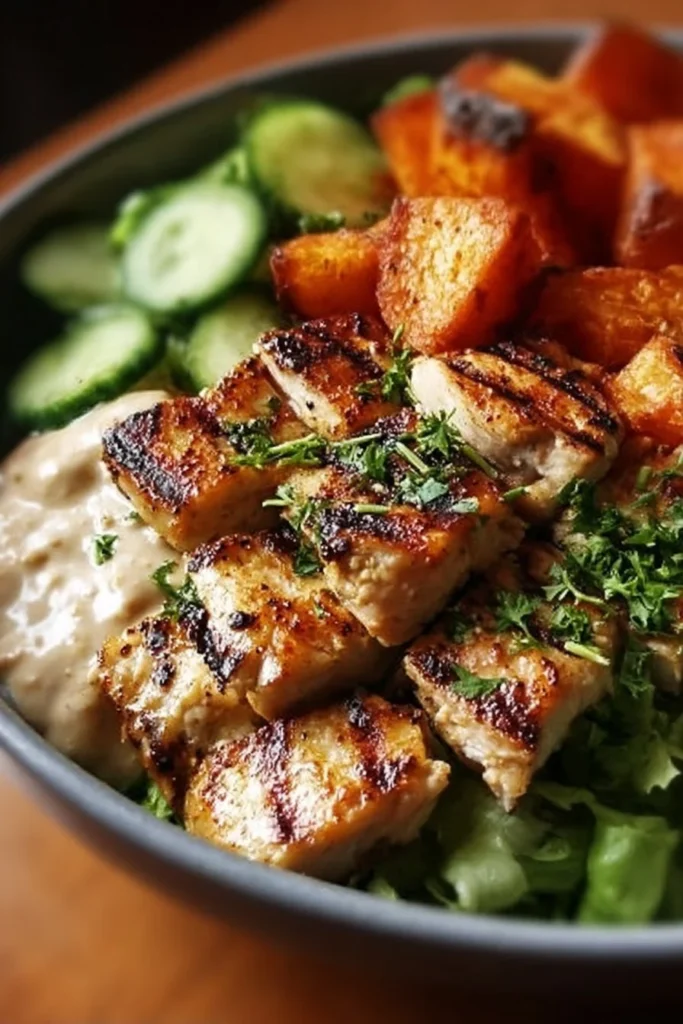 Delicious grilled chicken salad with vibrant veggies and dressing