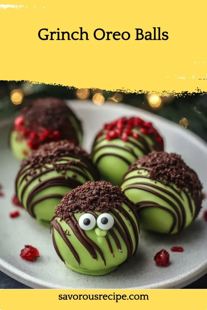 Festively decorated Grinch Oreo Balls on a holiday table