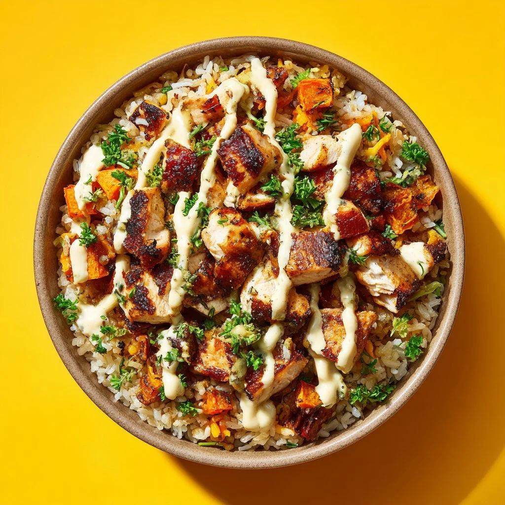 Healthy chicken and sweet potato rice bowl with fresh ingredients