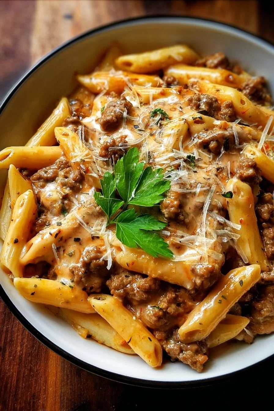 Creamy beef pasta dish rich in protein, served in a bowl with herbs