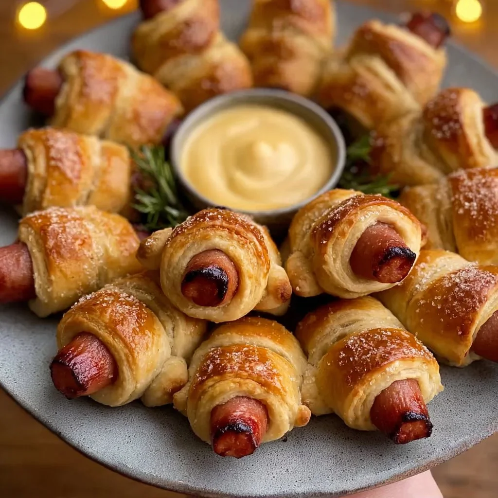 Festive holiday pigs in a blanket appetizer on a serving platter