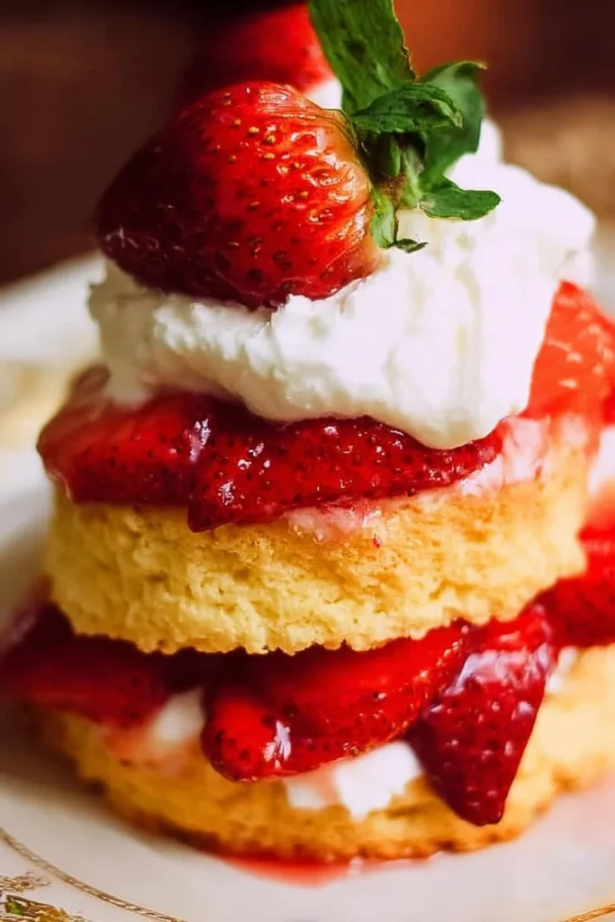 Delicious homemade strawberry shortcake topped with fresh strawberries and whipped cream