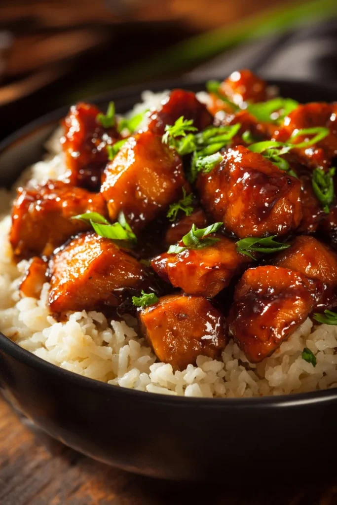 Plate of Honey BBQ Chicken served over rice with garnishes