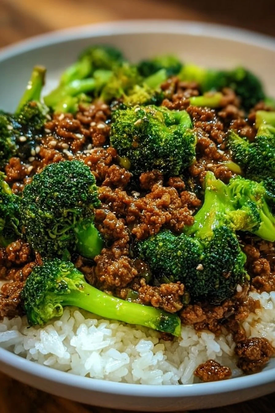 Delicious honey garlic ground beef and broccoli dish served in a bowl.
