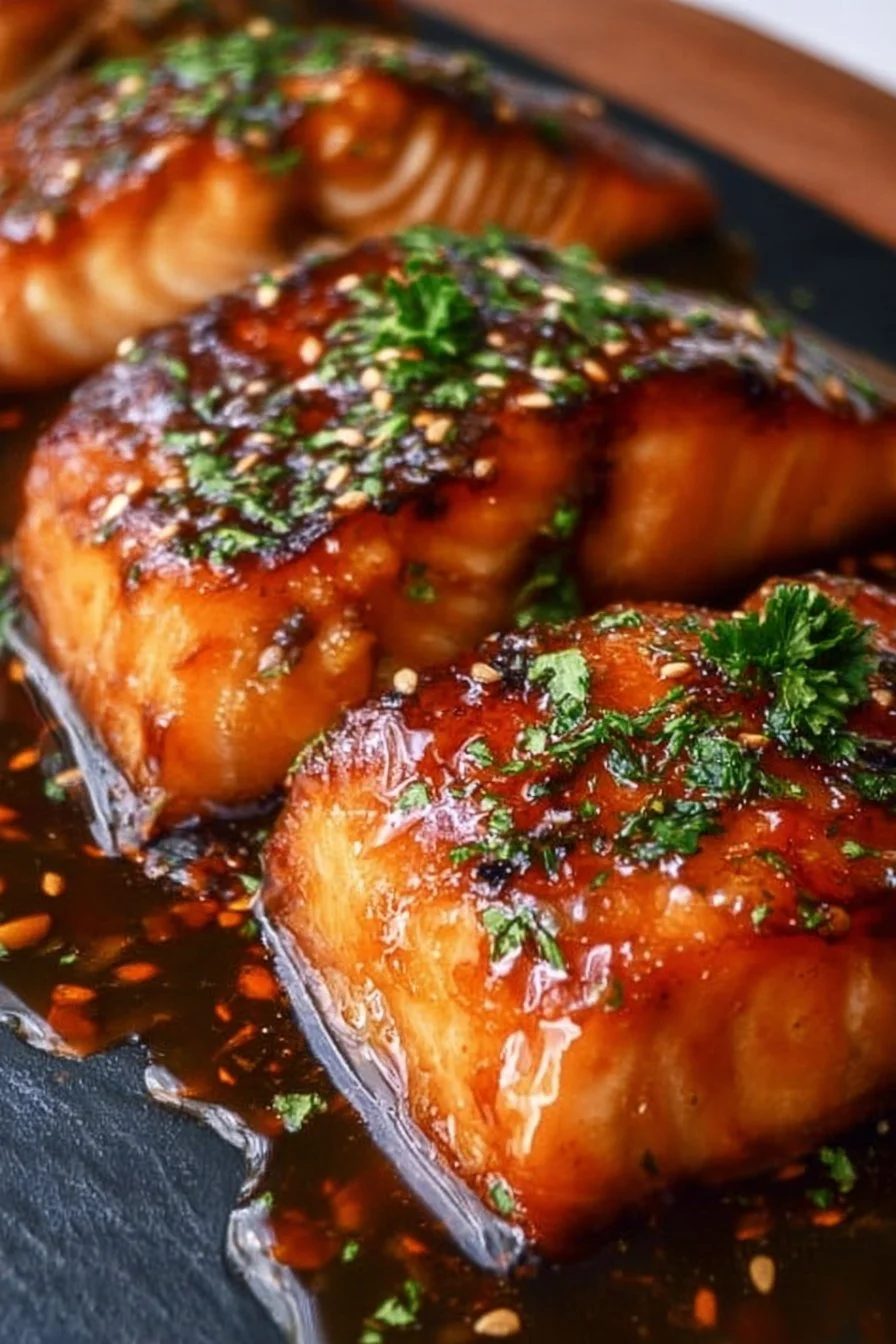 Delicious honey garlic salmon served with herbs and vegetables