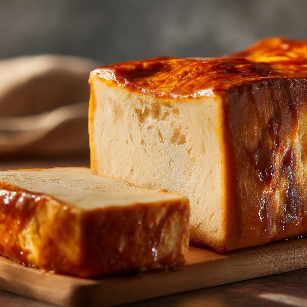 Indulgent Burnt Basque Cheesecake baked in a loaf pan, showcasing its rich caramelized top.
