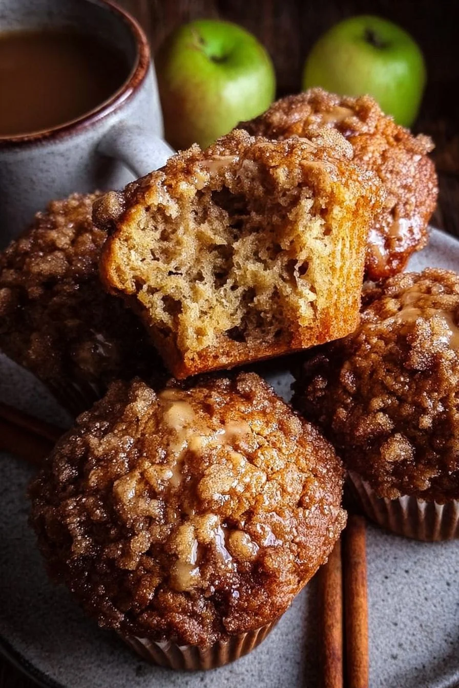 Freshly baked apple cinnamon muffins topped with apple slices and cinnamon sugar