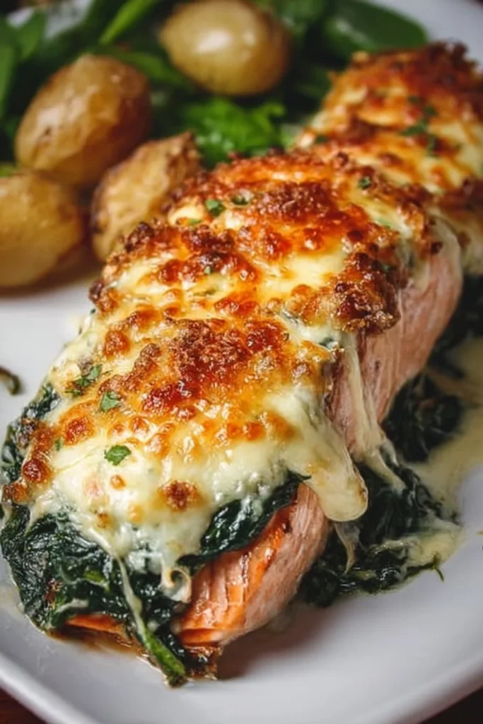 Irresistible baked salmon with spinach and mozzarella served on a plate.