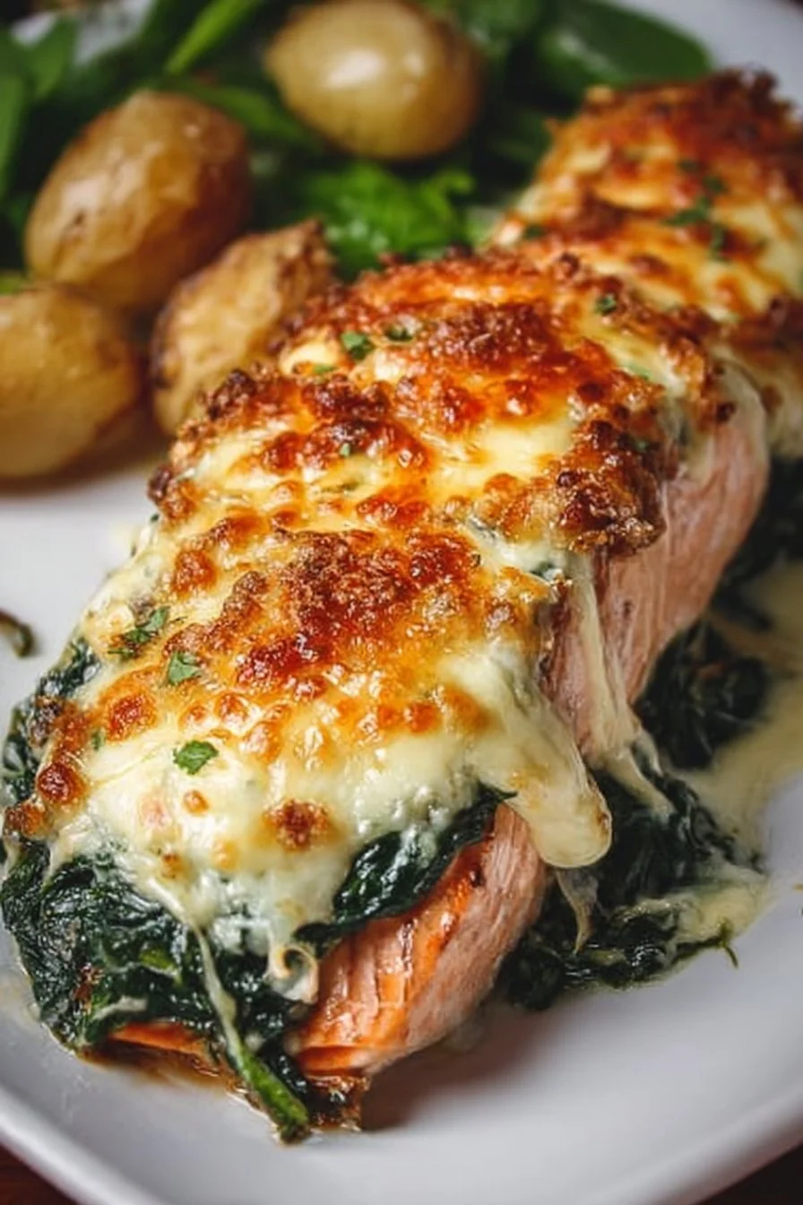 Irresistible baked salmon with spinach and mozzarella served on a plate.