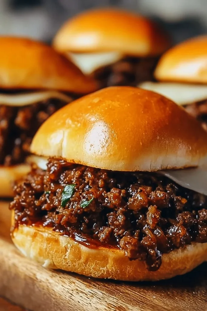 Delicious French Onion Beef Sloppy Joes served on a plate with melted cheese and caramelized onions