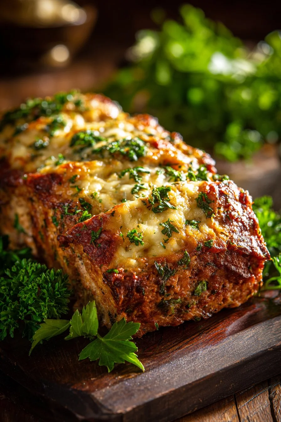 Italian Chicken Meatloaf garnished with herbs and served with a side of vegetables