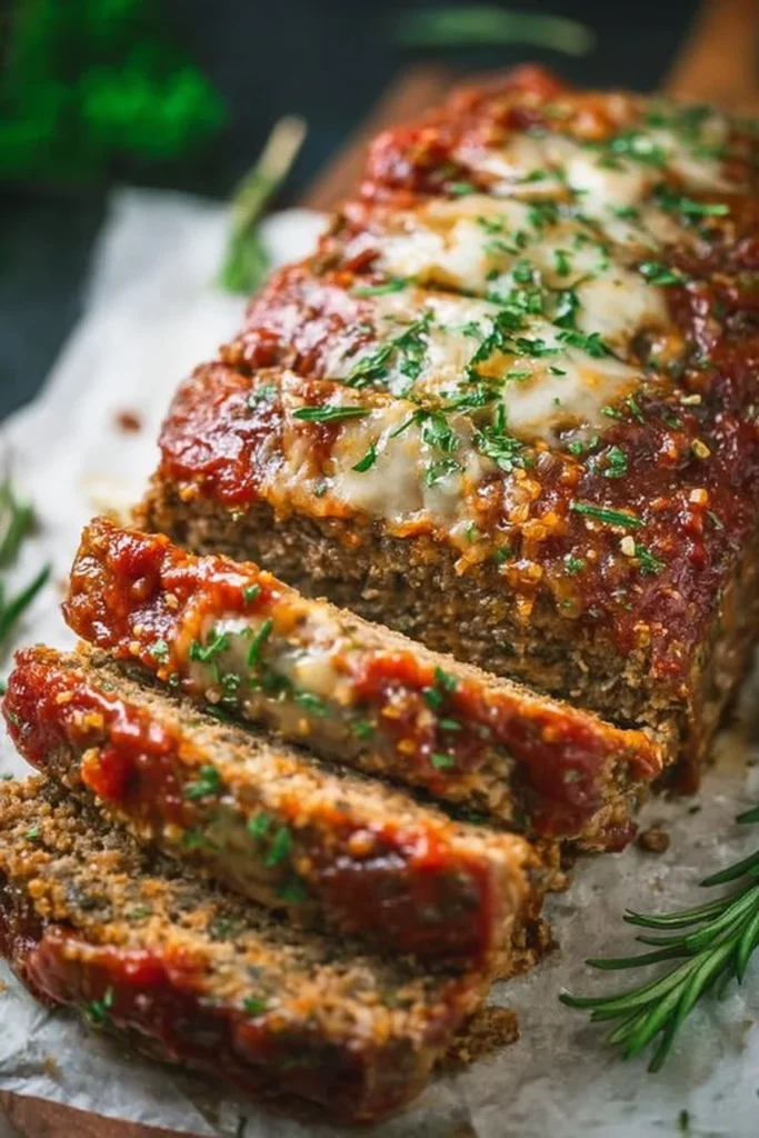 Delicious Italian Meatloaf served with marinara sauce and fresh herbs.