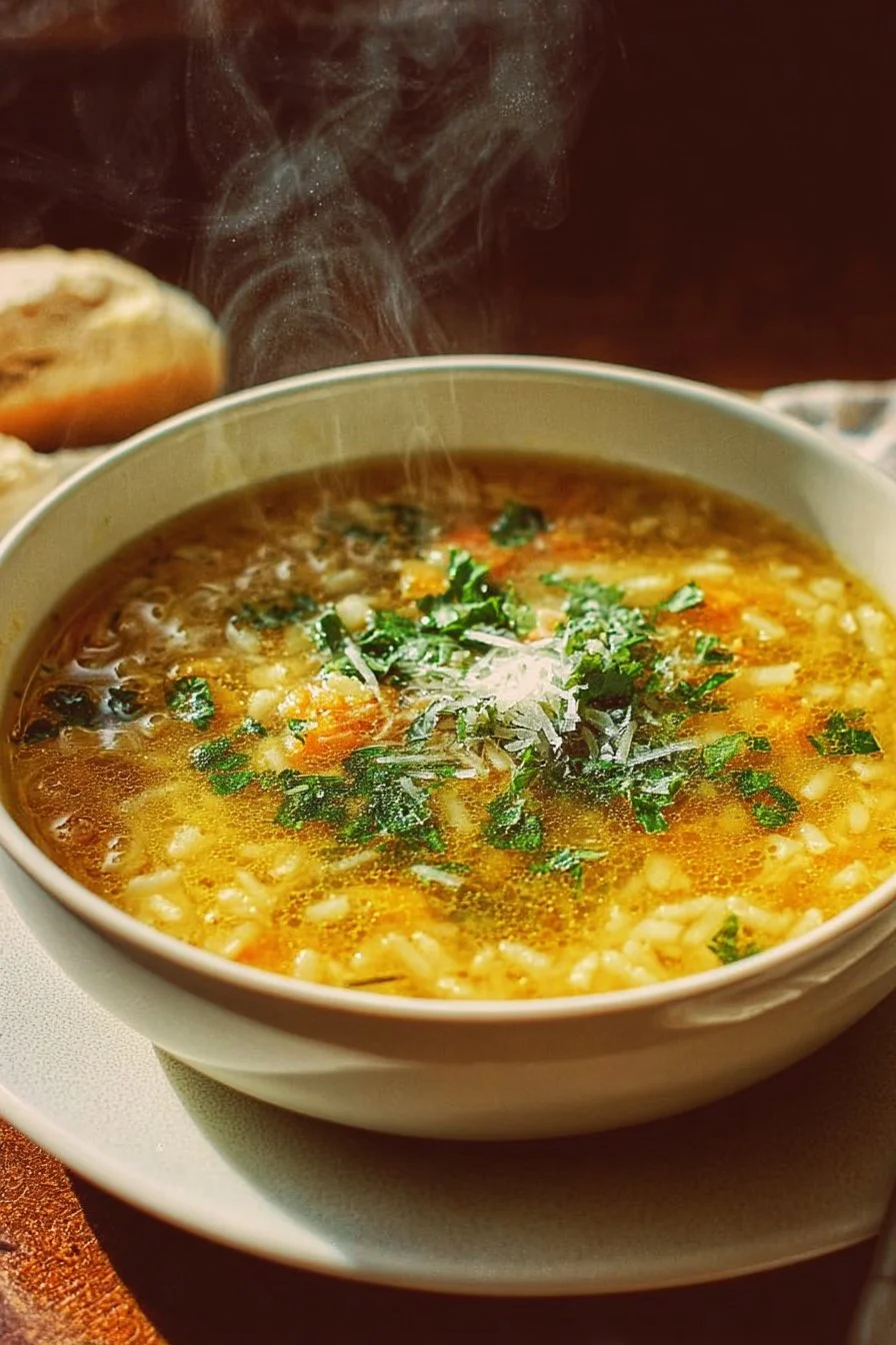Bowl of Italian Penicillin Soup garnished with herbs and vegetables