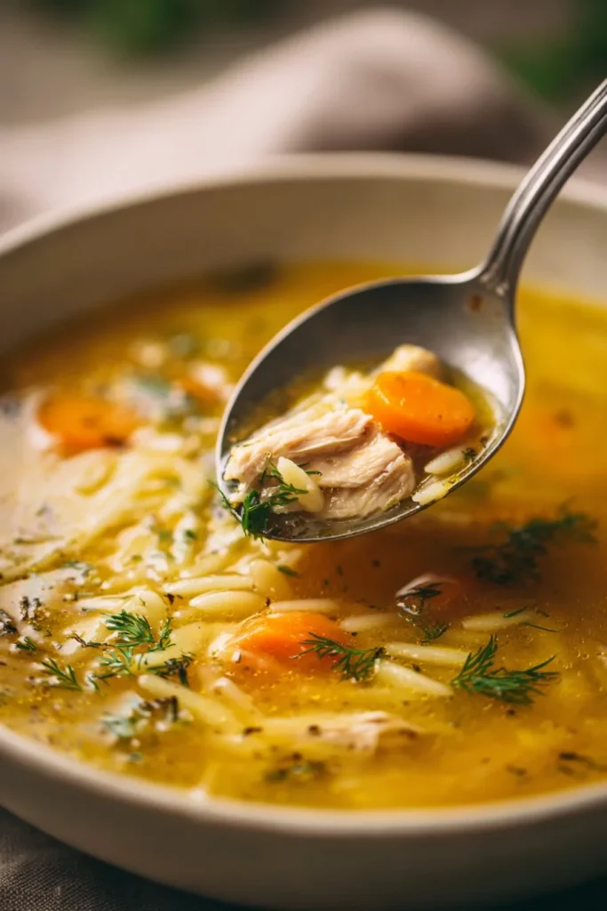 Delicious lemon chicken orzo soup in a bowl, garnished with herbs.