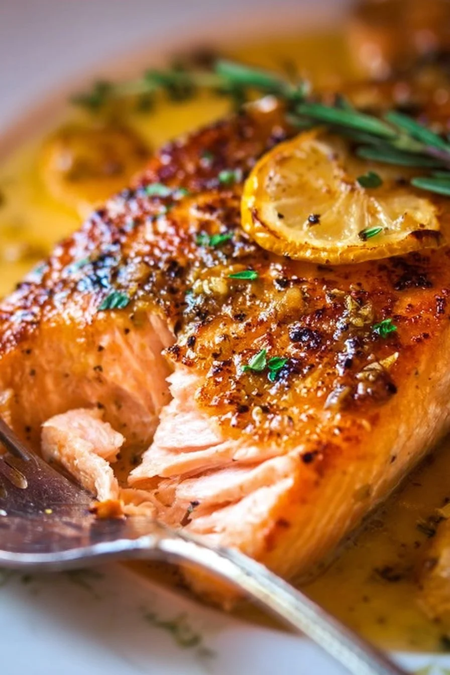 Lemon garlic salmon fillet garnished with fresh lemon slices and herbs