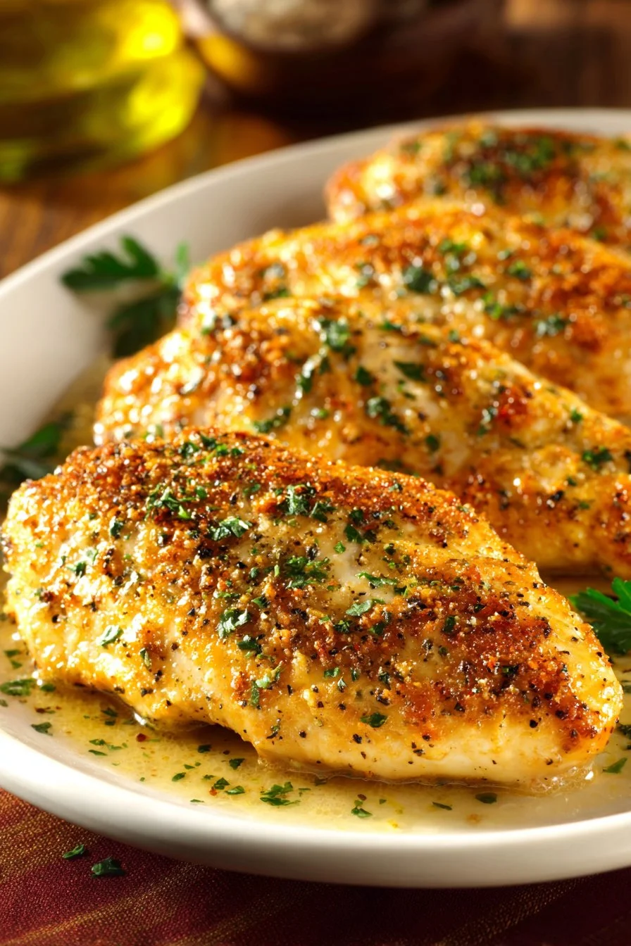 Longhorn Steakhouse Parmesan Chicken served with herbs and a side dish