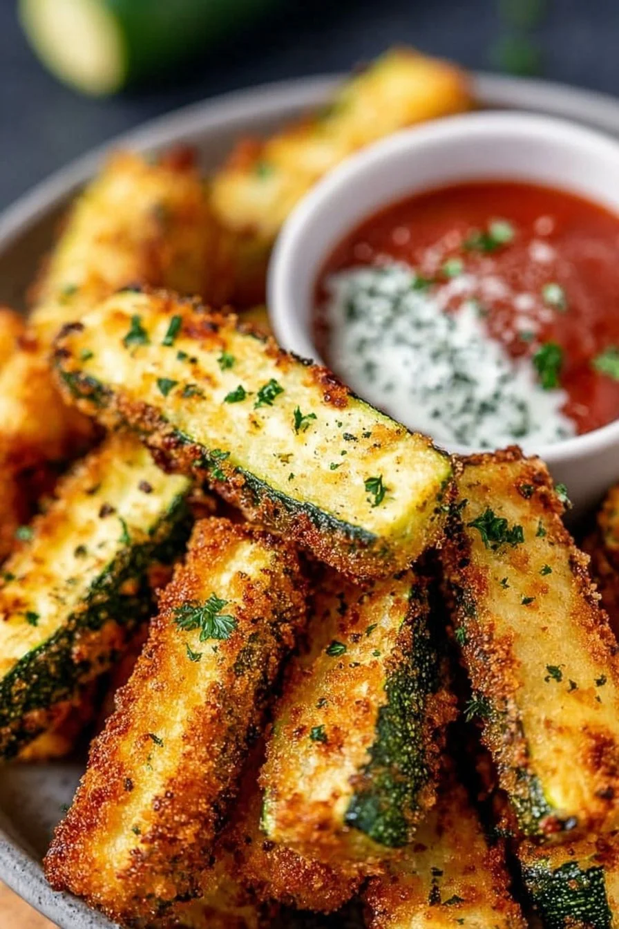 Plate of crispy low calorie air fryer zucchini fries with dipping sauce
