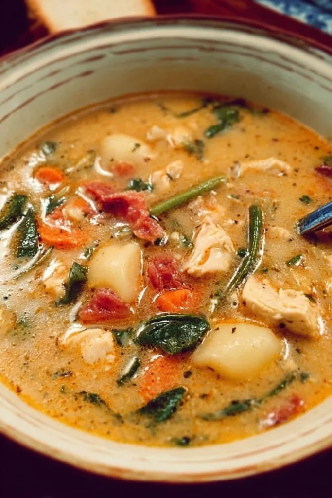 Bowl of Marry Me Tuscan chicken soup with fresh herbs and ingredients