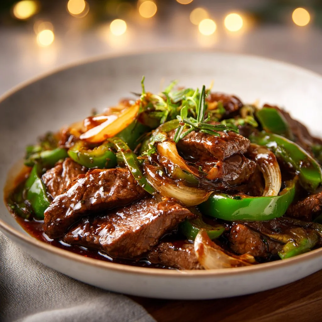 Delicious Mongolian Beef served with green onions and rice