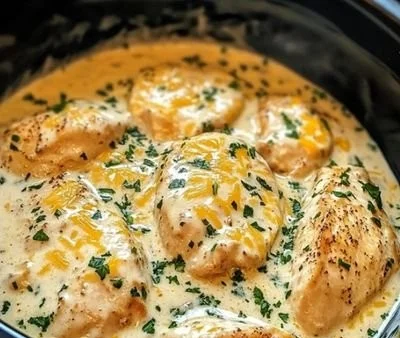 Creamy ranch chicken cooked in a CrockPot served on a plate with herbs.