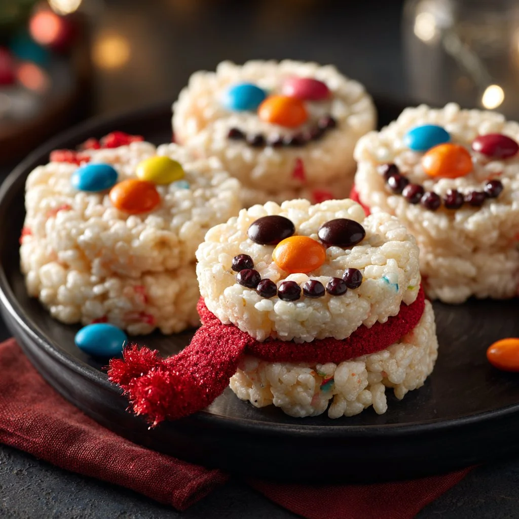No-Bake Snowman Rice Krispie Treats decorated for winter festivities