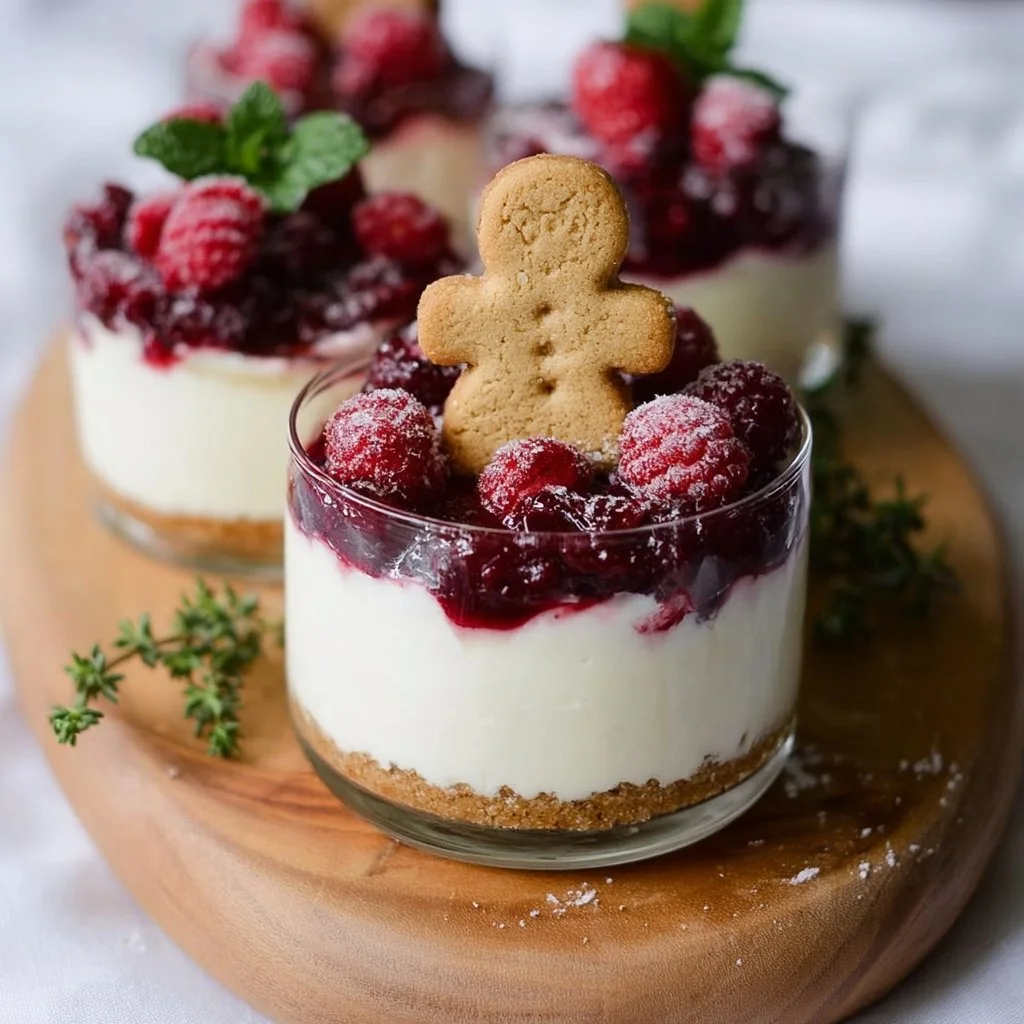 Delicious no-bake white chocolate cheesecakes topped with fresh berries.