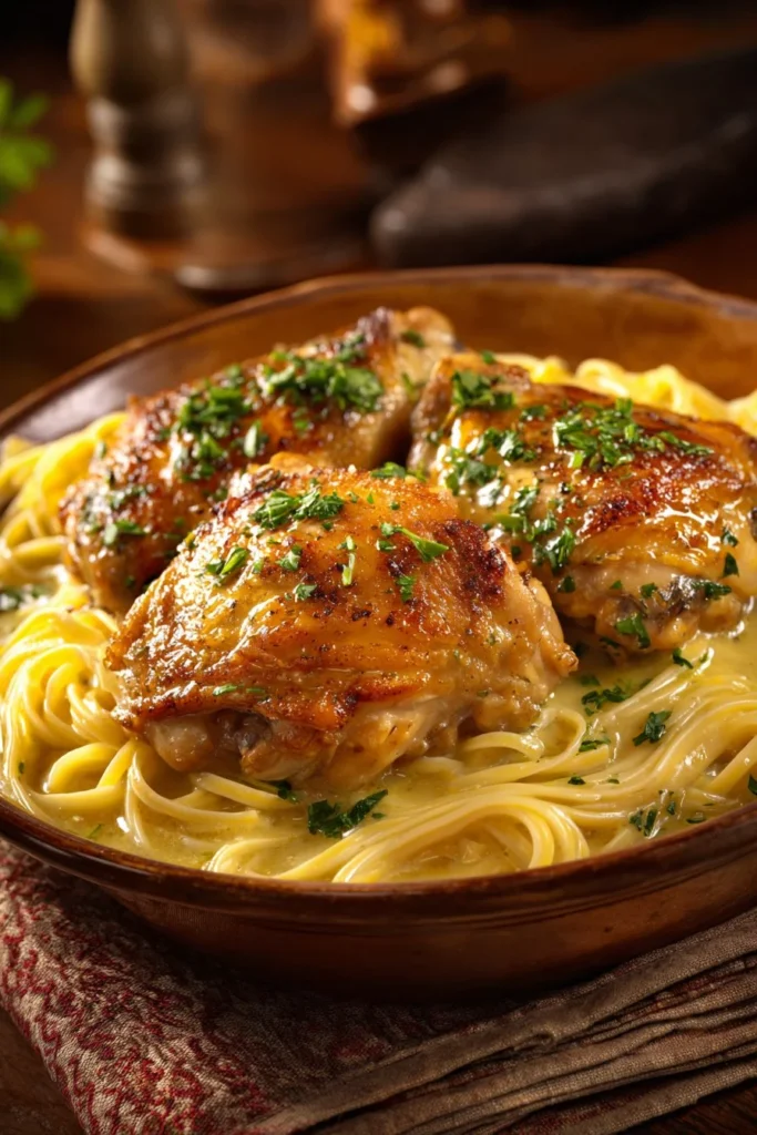 One-Pan Chicken with Buttered Noodles served in a skillet