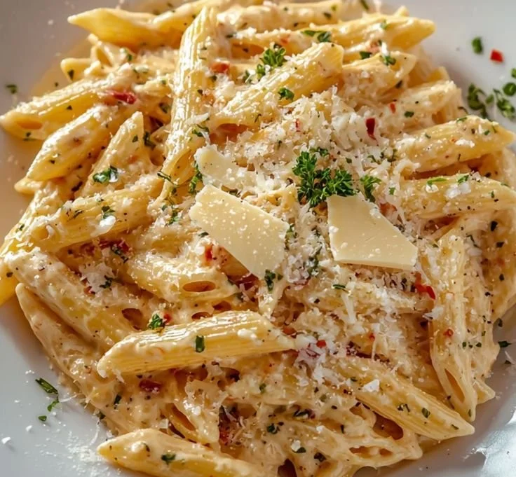 Delicious one pot creamy garlic pasta dish with herbs and cheese