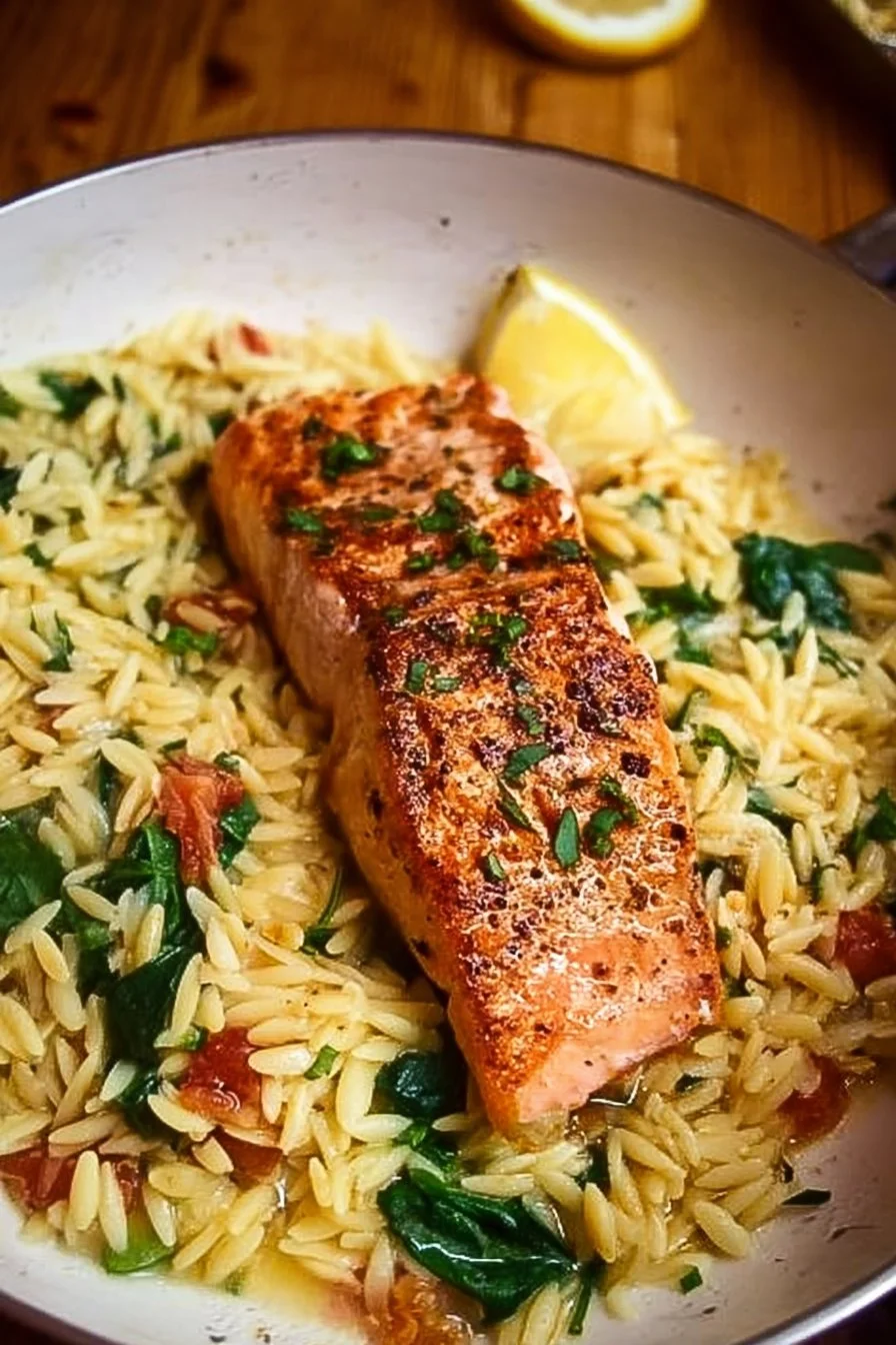 One skillet salmon dish with lemon orzo served on a plate