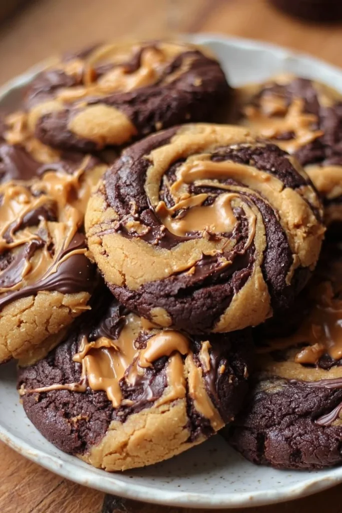 Peanut butter brownie swirl cookies on a plate with chocolate drizzles