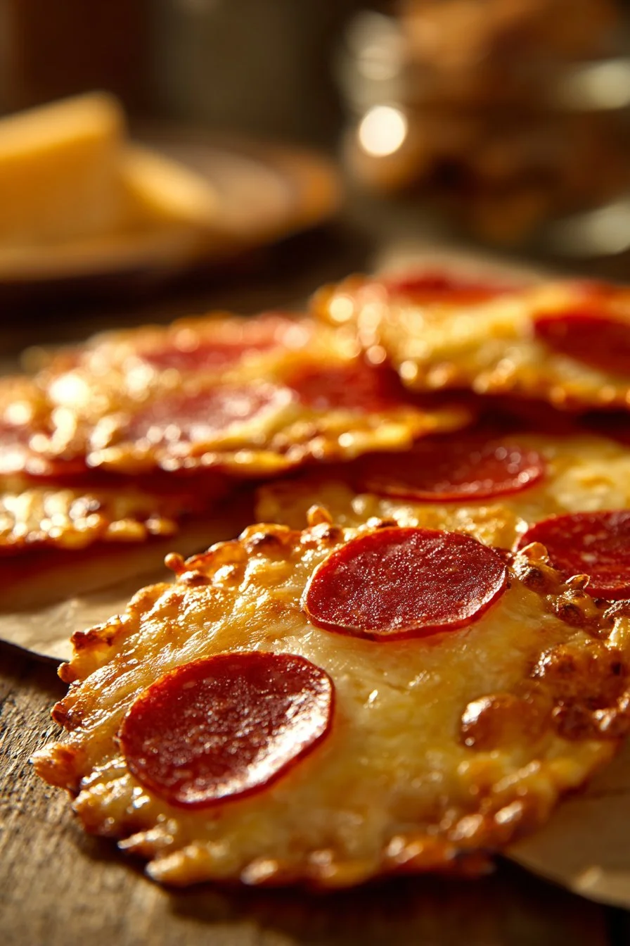 Homemade pepperoni cheese crisps on a wooden platter