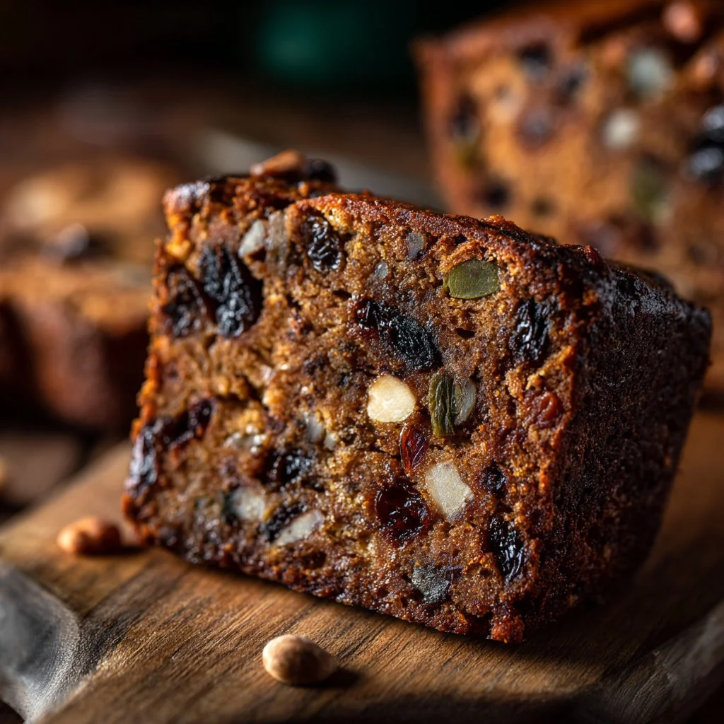 Delicious homemade Christmas fruit cake with brandy, ideal for festive celebrations.