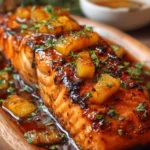 Pineapple glazed salmon fillet on a plate garnished with pineapple slices