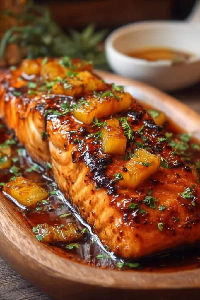 Pineapple glazed salmon fillet on a plate garnished with pineapple slices