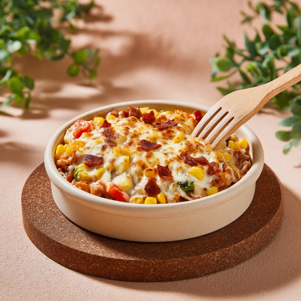 Delicious pizza in a bowl with toppings and melted cheese