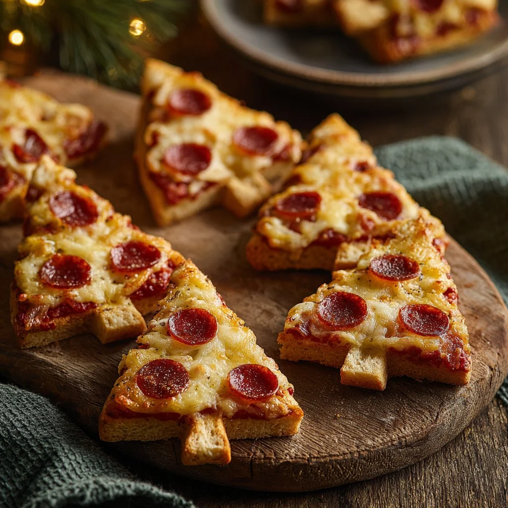 Puff Pastry Christmas Tree Pizza Bites ready to serve at a holiday party.