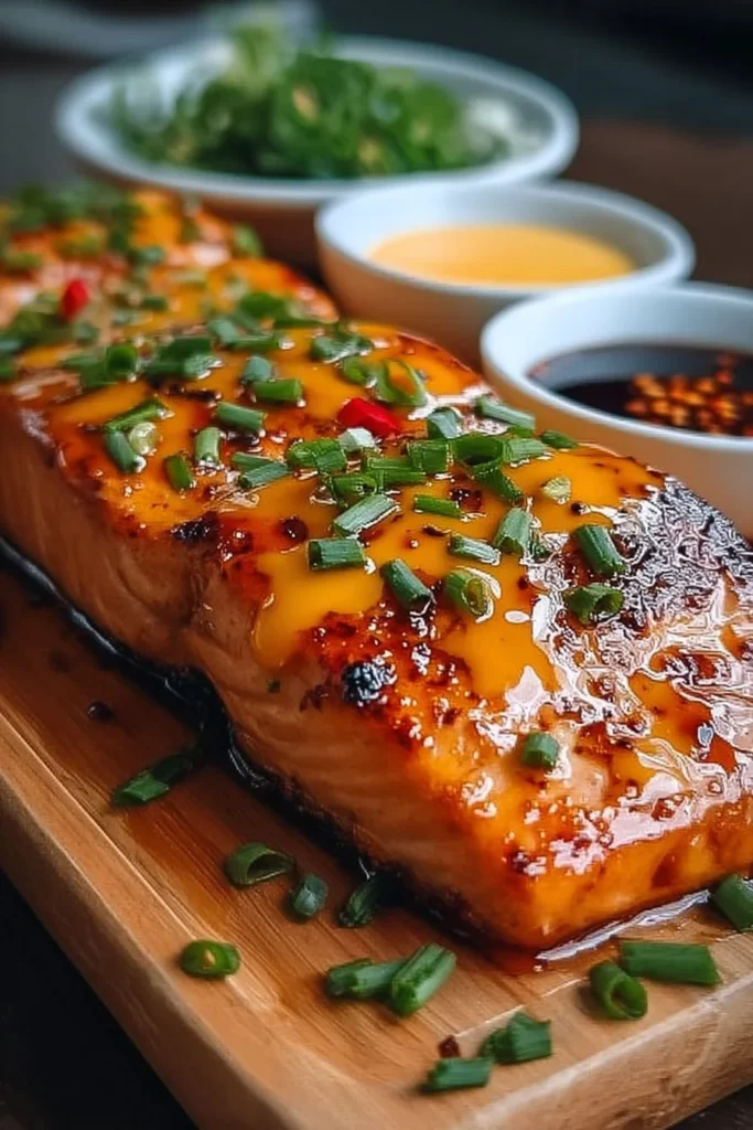 Plate of quick and delicious Bang Bang Salmon served with vegetables