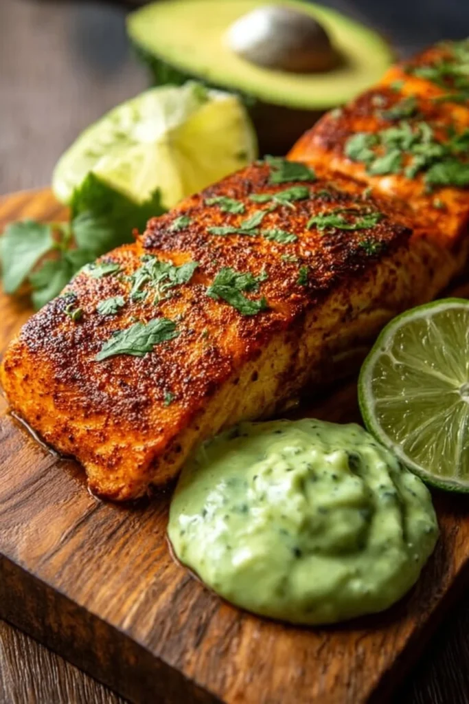 Quick Baked Cajun Salmon served with Avocado Lime Sauce