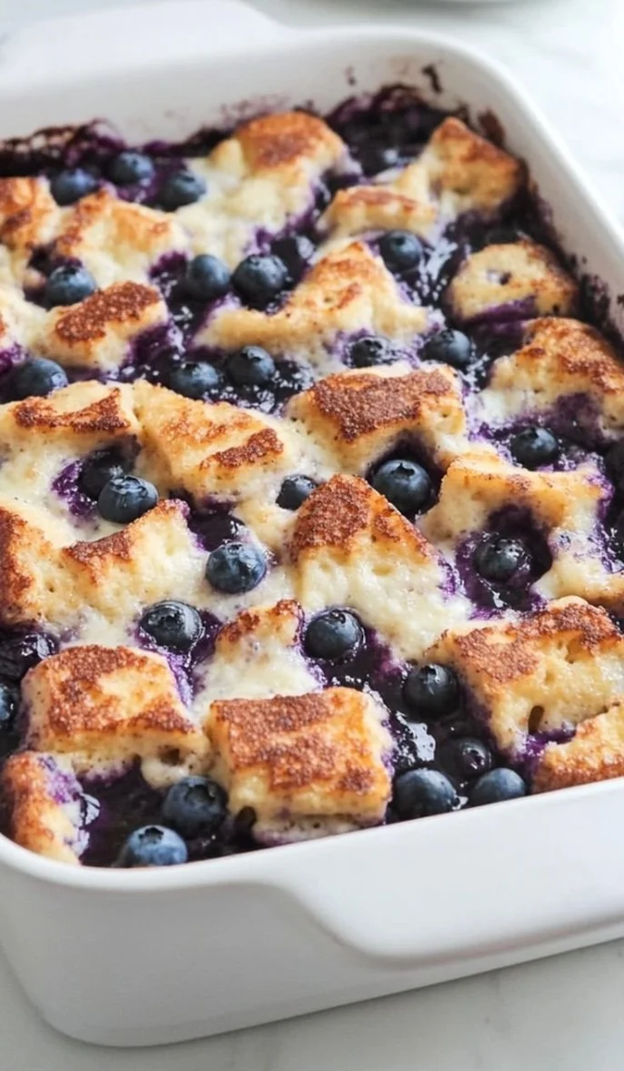 Quick blueberry French toast casserole baked to perfection with fresh blueberries.