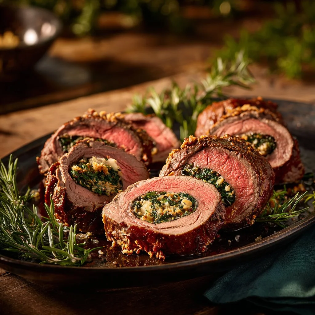 Succulent stuffed beef tenderloin ready for a festive Christmas dinner